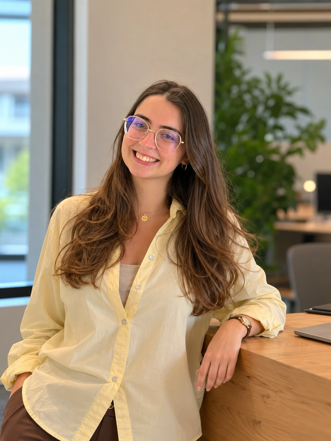 Beatriz Antunes, founder of FOUNDWIDE, smiling and leaning on a desk in a bright office